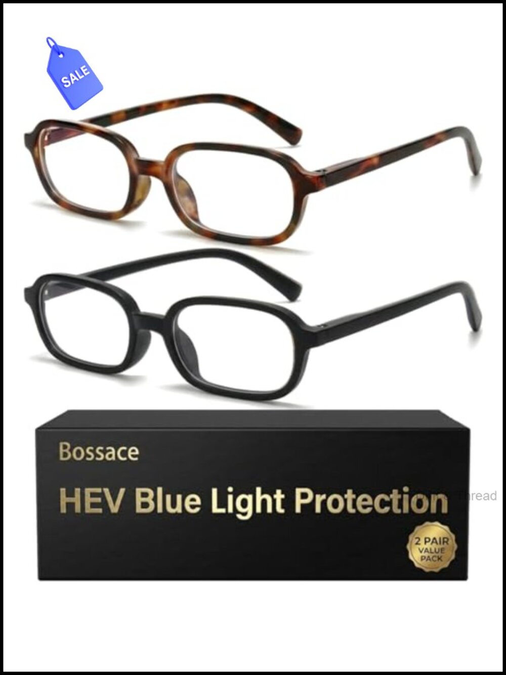2 Pack Blue Light Blocking Glasses Retro Rounded Rectangle TR90 Slim Frame